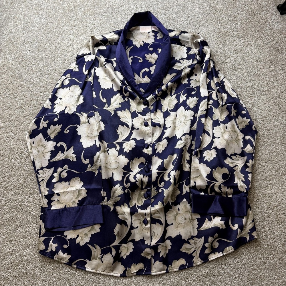 Adonna Pajama Top Womens 1X Blue Floral Satin Long Sleeve Kimono Sleepwear